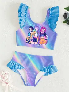Girls' Two-Piece Bikini Set, Cartoon Print Swimsuit, Summer Beach Vacation Swimwear, Cute Ruffle Bathing Suit