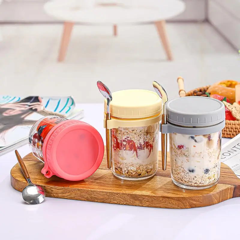 Overnight Oats Cup with Spoon & Insulated Lid, 1 Count/2 Counts Glass Mason Jar with Handle, Modern Portable Food Storage Container for Home Kitchen D