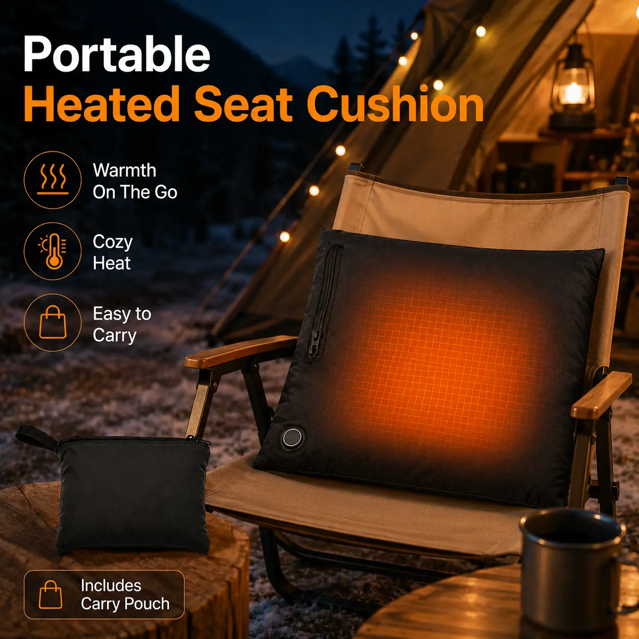 Portable USB Heated Seat Cushion, 3 Heat Levels, Foldable Winter Heating Seat Pad For Stadium Bleachers, Camping, Hunting, Ice Fishing, Hiking, Outdoor Chairs Sports Events And Travel, Compact Carry Design, Black, Easy Storage