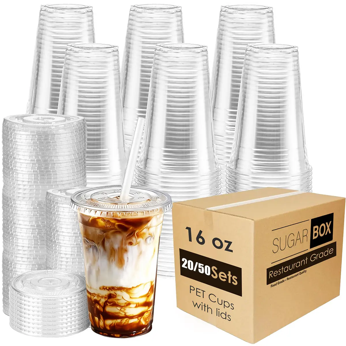 20/50pc Disposable Transparent Tea Cups with Lids, 16oz Reusable Coffee Cups with Straws, Ideal for Parties, Camping, Holidays, Reusable Party Cups, Plastic Clear Cups, Plastic Drink Cups, Beverage Cups