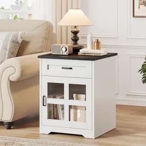 Vividwood Farmhouse End Table, 18" Side Table with Drawer and Barn Door Storage, Wood Sofa Side Bedside Table for Living Room, Bedroom (White)