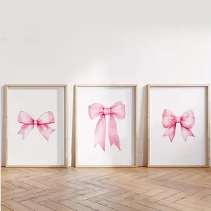 2D Flat, Room Decor 3pcs Pink Bow Canvas Art Prints, Unframed Wall Decor for Bedroom, Dormitory, Wedding, Birthday, Anniversary, Cinco de Mayo, Back to School, Aesthetic Room Decor, Perfect for Room Decor