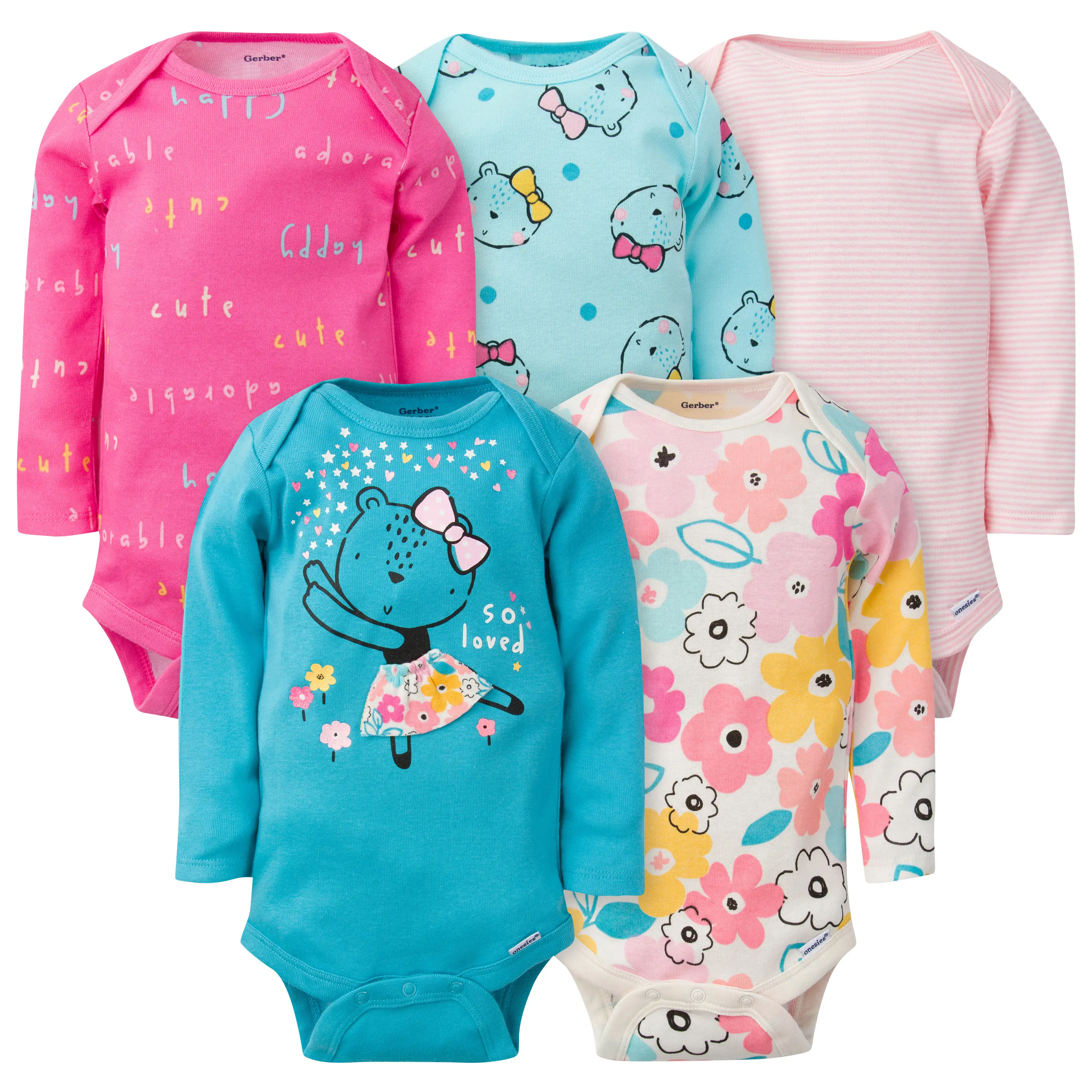 Baby Girls' Adorable Bear 5-Pack Long Sleeve Onesies Bodysuits