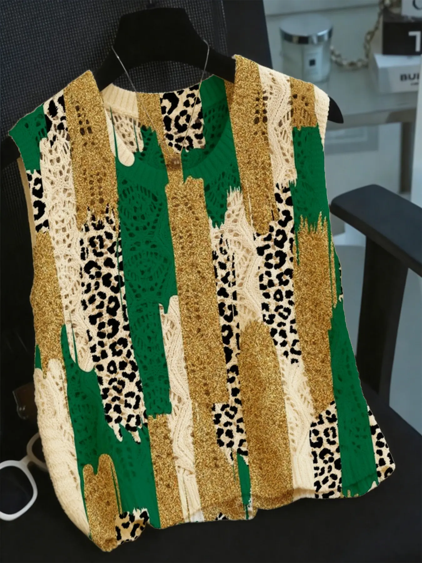 Women's Vintage Leopard Patchwork Knitted Vest, Round Neck Sleeveless Sweater, Casual Everyday Breathable Knitwear Tops for Spring Summer Fall
