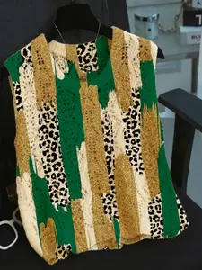 Women's Vintage Leopard Patchwork Knit Vest, Round Neck Sleeveless Sweater, Casual Everyday Breathable Knitwear for Spring Summer Fall