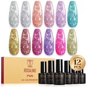 ROSALIND Rainbow Series Gel Nail Polish Set 12Pcs Mini Gel Polish Glitter High Gloss Shine Nail Supplies Need UV LED to Dry Long Lasting Nail Art Set