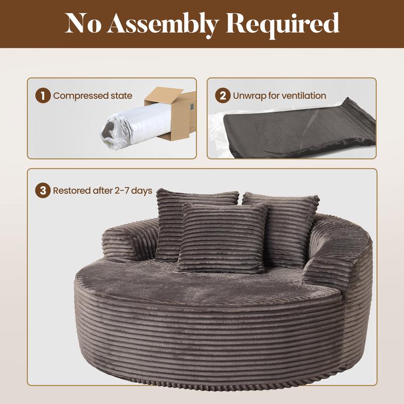 HOOOWOOO 59"W Oversized Round Sofa Bed - Boneless& Modern O-Shape, Lazy Bean Bag Chair, Deep Seat Couch with 3 Pillows, Plush Corduroy Fabric Chaise Lounge, No Assembly Required