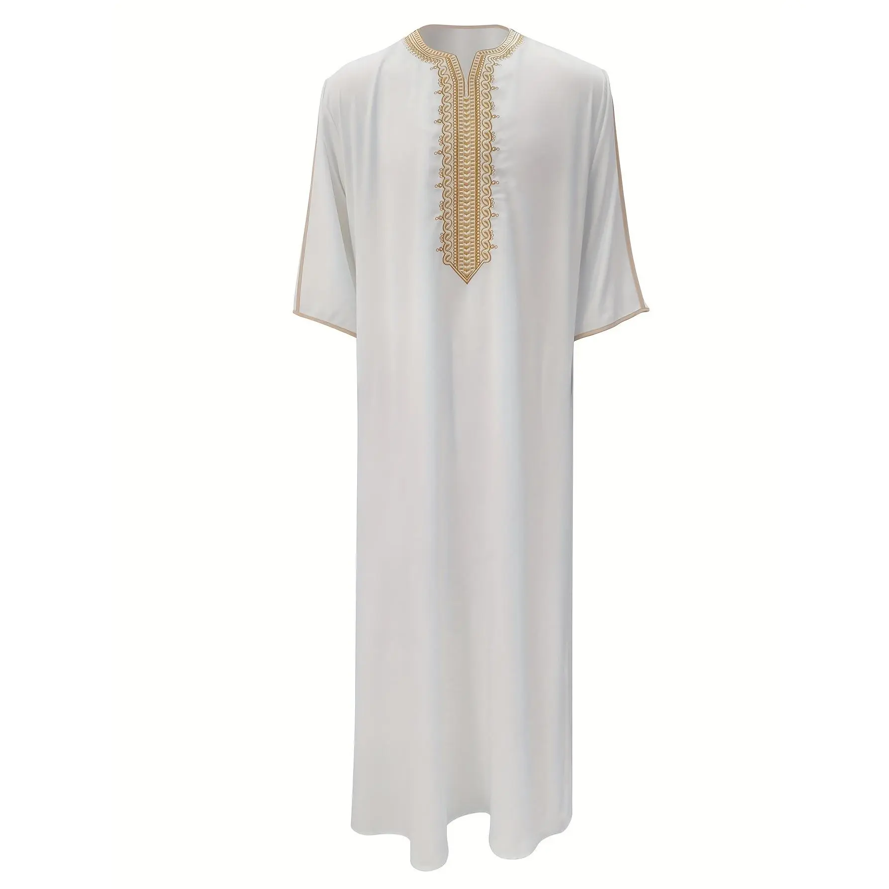 Men's Elegant White Thobe with Golden Embroidery - Casual V-Neck Robe with Side Pockets, Lightweight Polyester Blend, Perfect for Home Wear & Traditional Occasions, Eibbylink
