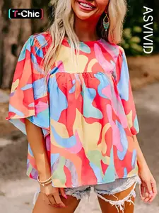 Women's Abstract Pattern Printed Wide Sleeve Crew Neck Three-quarter Sleeve Blouse