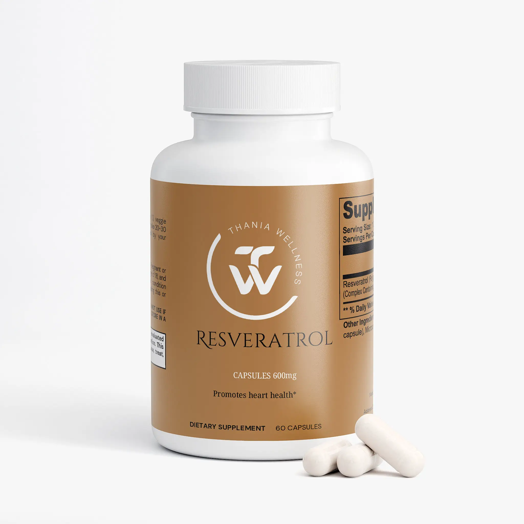 Thania Wellness Resveratrol 600mg Capsules - 60 Vegan Dietary Supplements for Heart Health & Antioxidant Support - USA Made Healthcare Fitness Vitamin