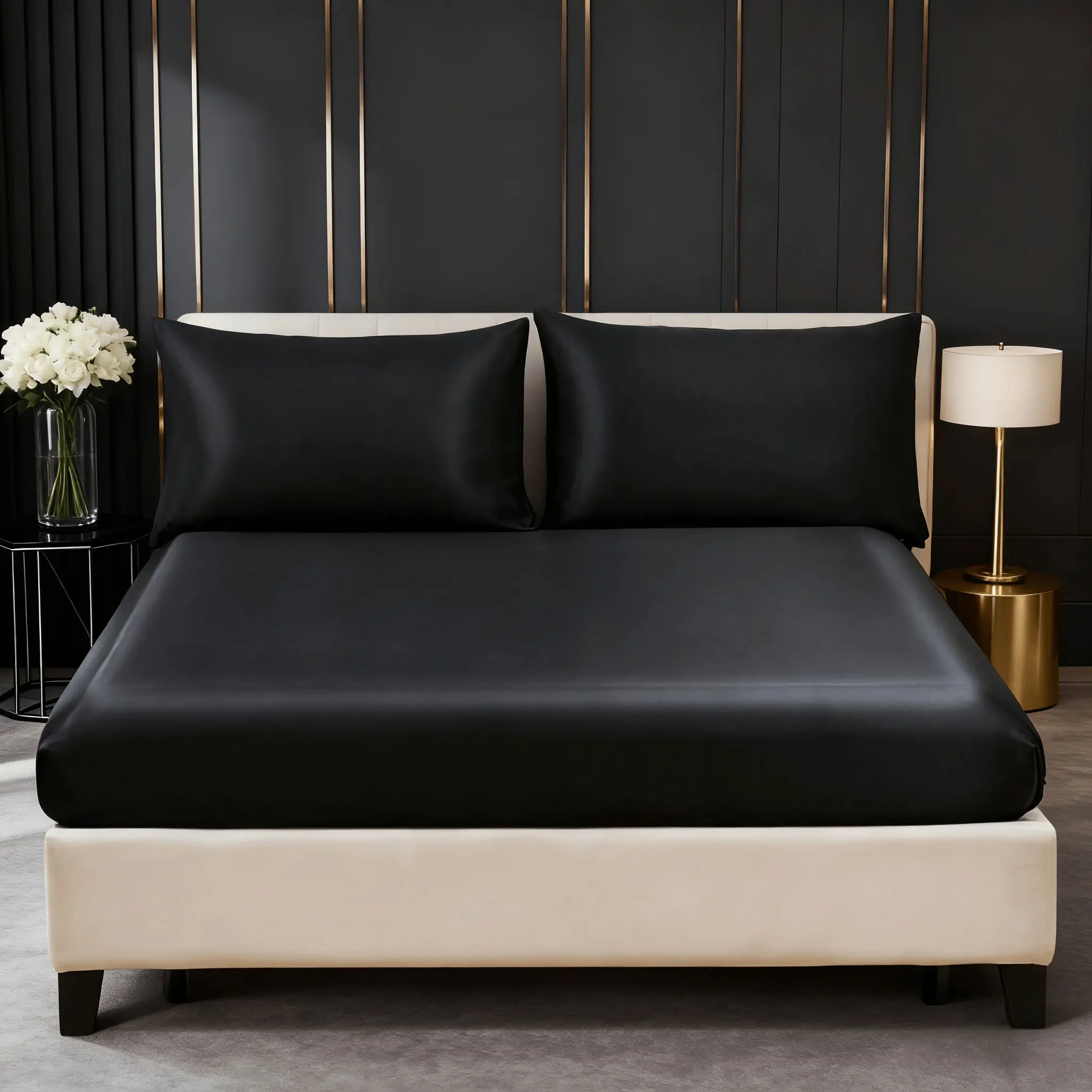 3-Piece Satin Solid Color Bedding Set: 1 Fitted Sheet + 2 Pillowcases (No Fillings Included), Bedroom Textiles, Satin Bed Sheets, Bed Sheet Sets, Silky Fitted Sheet, Bed Sets Supplies