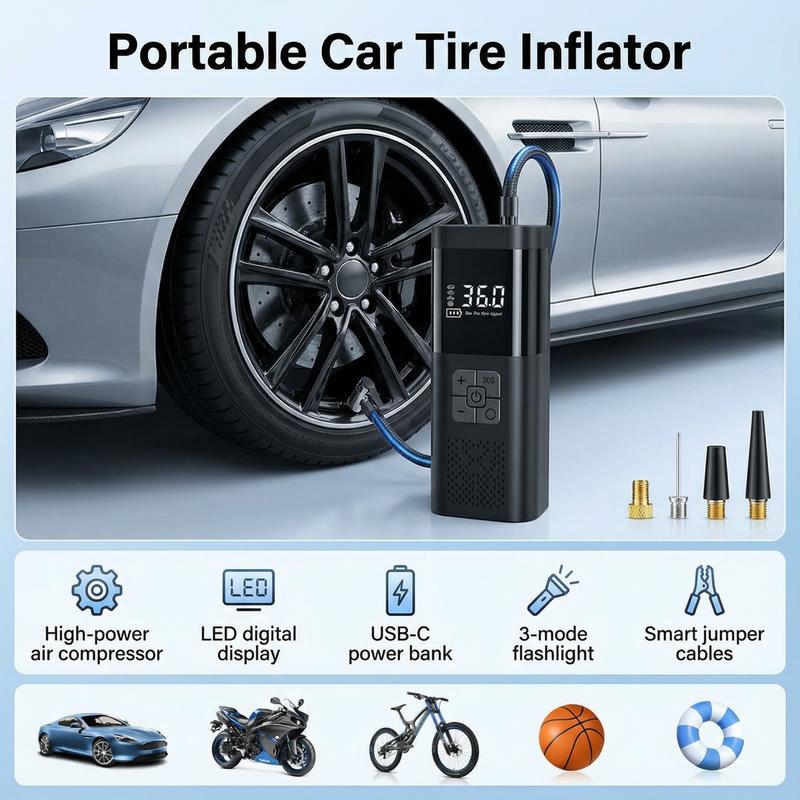 Portable Tire Inflator Air Compressor, Tire Inflator Tool,150psi Car Tyre Pump, LCD Pressure Display, Fast One-Button Smart Wireless Pump