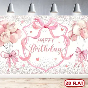 1pc 2D Flat Dienalls Happy Birthday Banner with Pink Bow, ployester Backdrop for Party Photography, Glitter Balloon Design, Mixed Color, All-Season Garden Decor, Universal Holiday Celebration Decoration