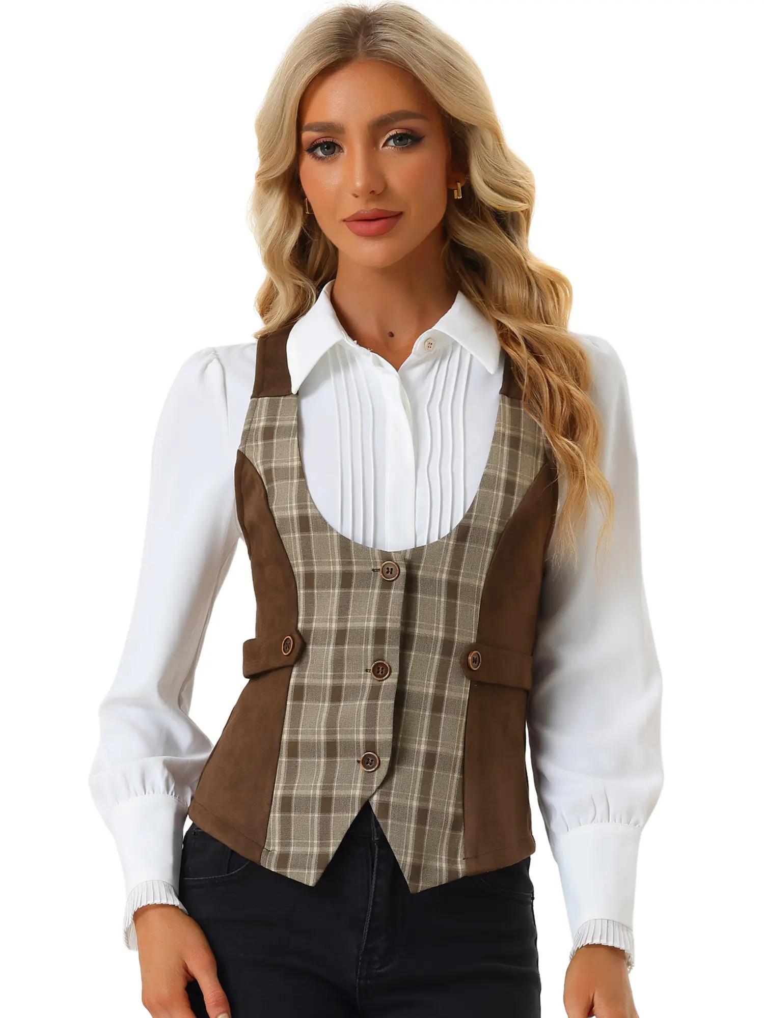 INSPIRE CHIC Plaid Button Down Sleeveless Faux Suede Panel Dressy Vintage Waistcoat Vest