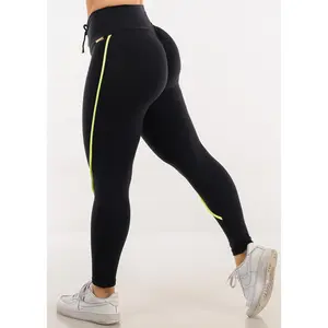 MADE IN BRAZIL Push Up Black Scrunch Leggings w Neon Green Trim