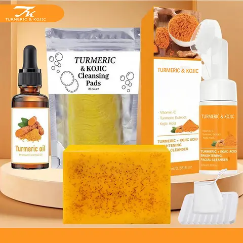 Turmeric Skin Care Kit for Women - 4-Count Set with Nourishing Facial Cleansing Pads, Cleanser, Turmeric Oil & Soap (Facial Cleansing Focused Skincare Products)
