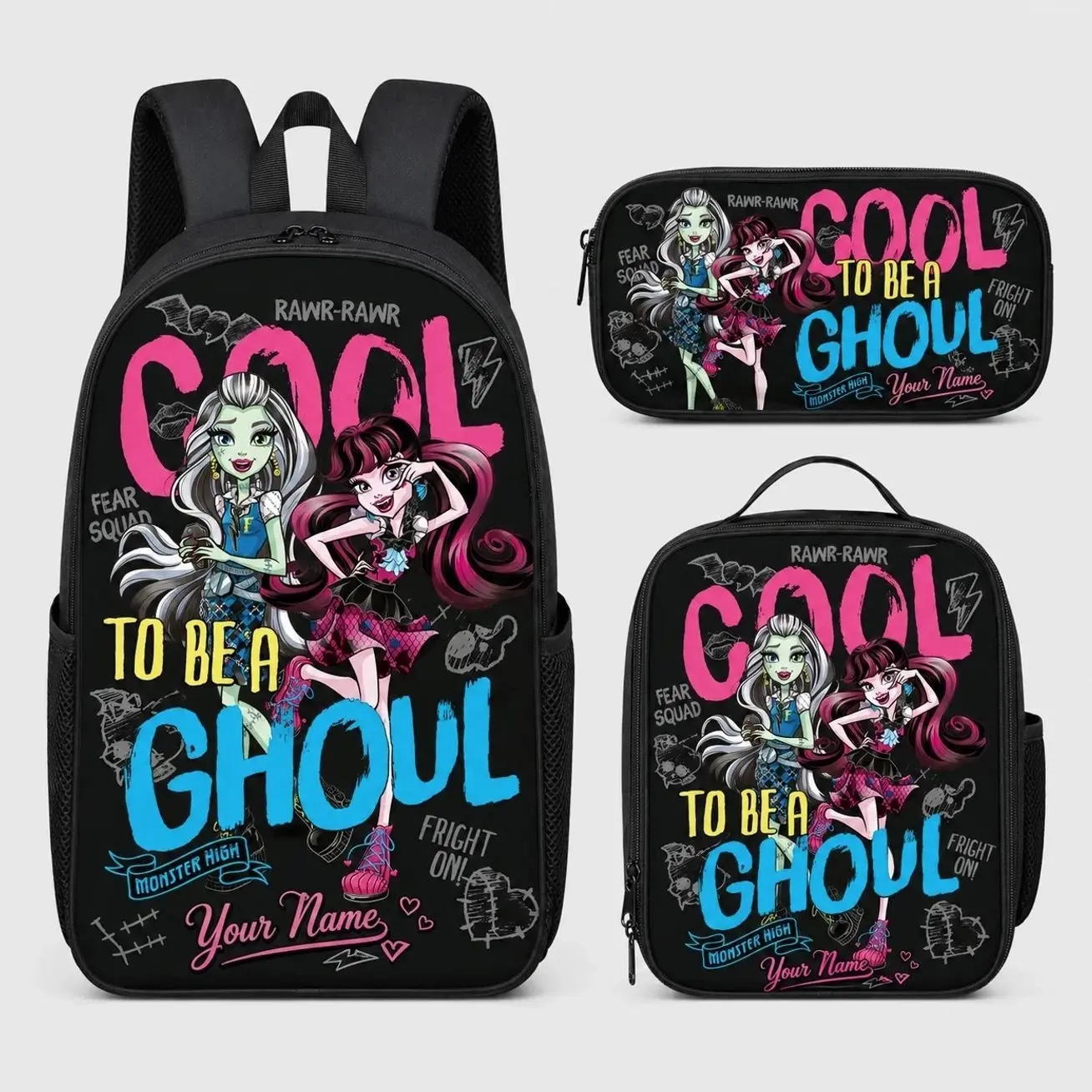 Cute Fairytale Princess Squad Mascot Character Schoolbag Set - 3Pcs Bookbag Insulated Lunch Bag Pencil Case - Unique Student Holiday Gift