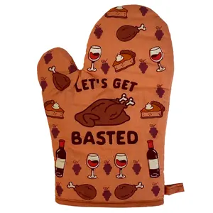 Let's Get Basted Oven Mitt Funny Thanksgiving Wine Drinking Feast Graphic Kitchen Glove Funny Graphic Kitchenware Bakeware Thanksgiving  Funny Drinking  Novelty Cookware Orange