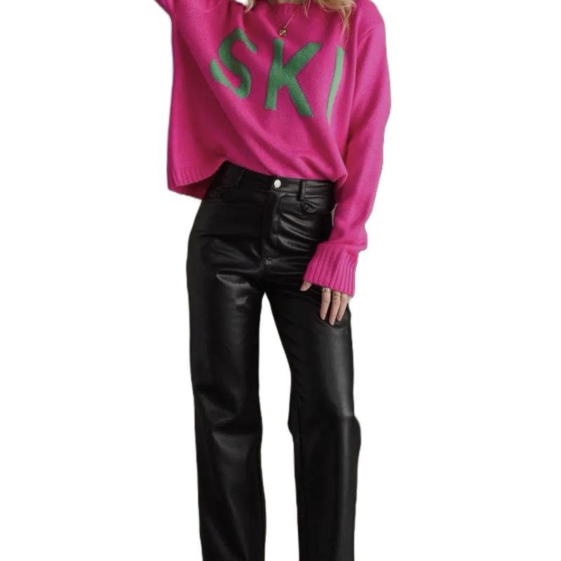 Pink & Green Ski Sweater with Bold Lettering and Stylish Fit for Winter Wear