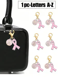 Bow Bag Charm Keychain, Fashionable Alloy Keychain, International Charity Ribbon Pendant, Breast Cancer Awareness Letter A-Z Accessory, Alloy Material