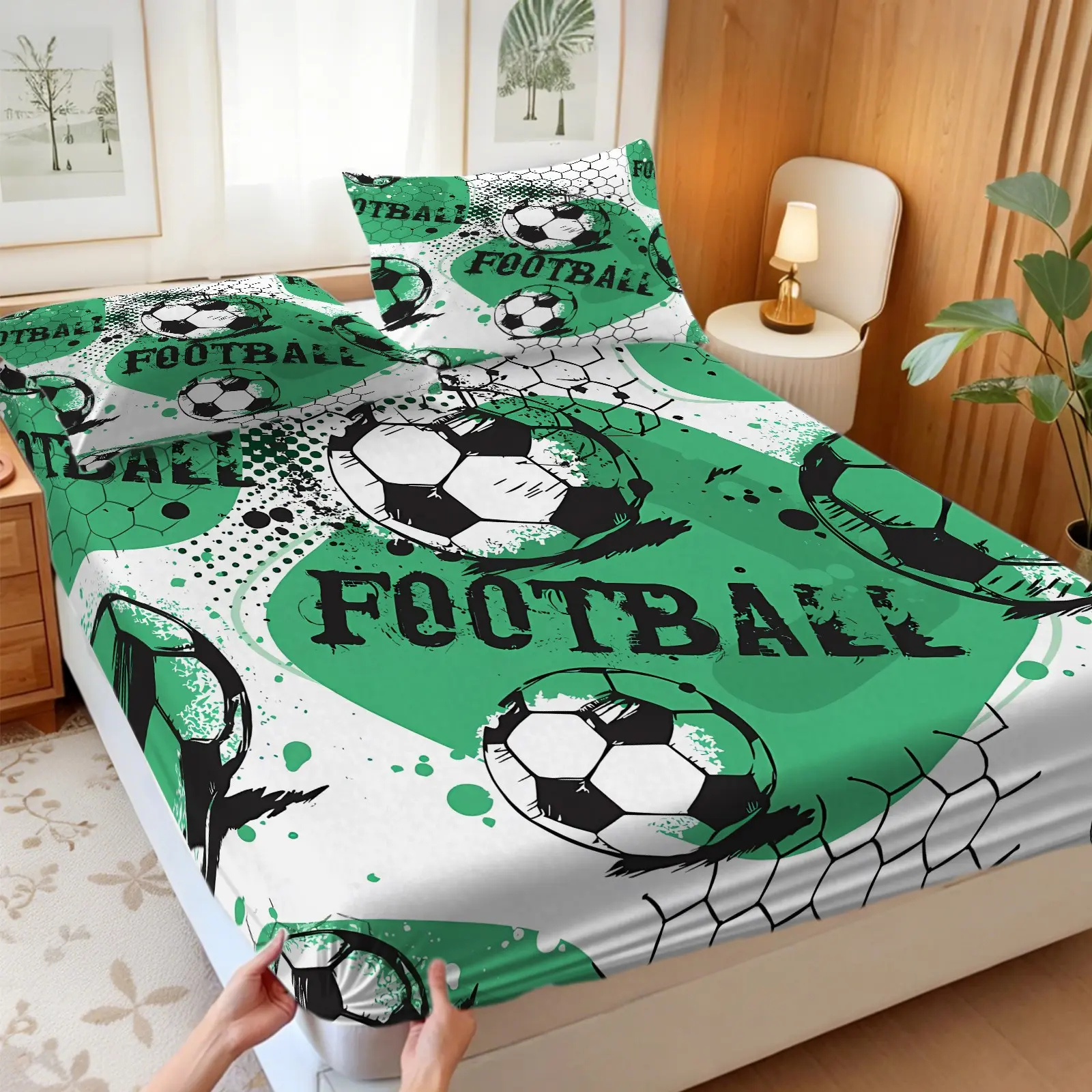 3-Piece Graffiti Soccer Fitted Sheet Set, Green Football Bed Sheet Set, Sporty Football Bedding Set with 2 Pillowcases, Soft Microfiber for Boys Teens Bedroom, Soccer Fans Themed Decor, Football Pattern Bedding