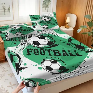 3-Piece Graffiti Soccer Fitted Sheet Set, Green Football Bed Sheet Set, Sporty Football Bedding Set with 2 Pillowcases, Soft Microfiber for Boys Teens Bedroom, Soccer Fans Themed Decor