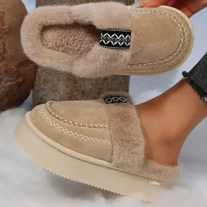Embroidered Plush Platform Slippers for Women Suede Slip-On Slippers Warm Cozy Indoor Outdoor Footwear Shoes