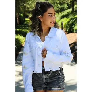 Hand-Embroidered Rainbow Butterflies Denim Crop Jacket