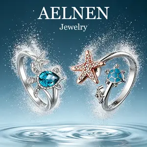 AELNEN Ocean Collection: Blue CZ Turtle & Rose Gold Starfish Adjustable Ring, Hypoallergenic Silver Band, Perfect for Vacation & Daily Wear