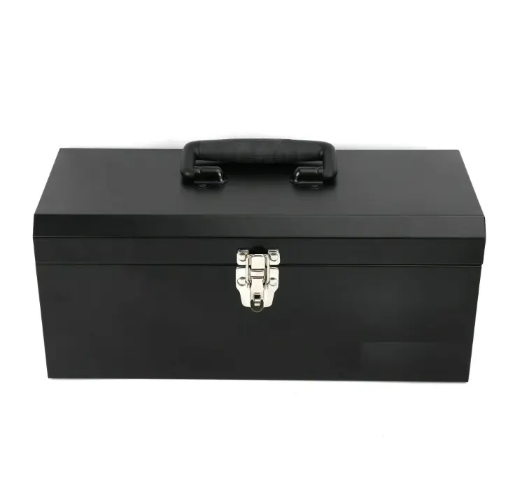 16-inch Black Metal Tool Box, Camp Kitchen Organizer with Removable Tool Tray for Camping & Hiking Sports & Outdoor Use