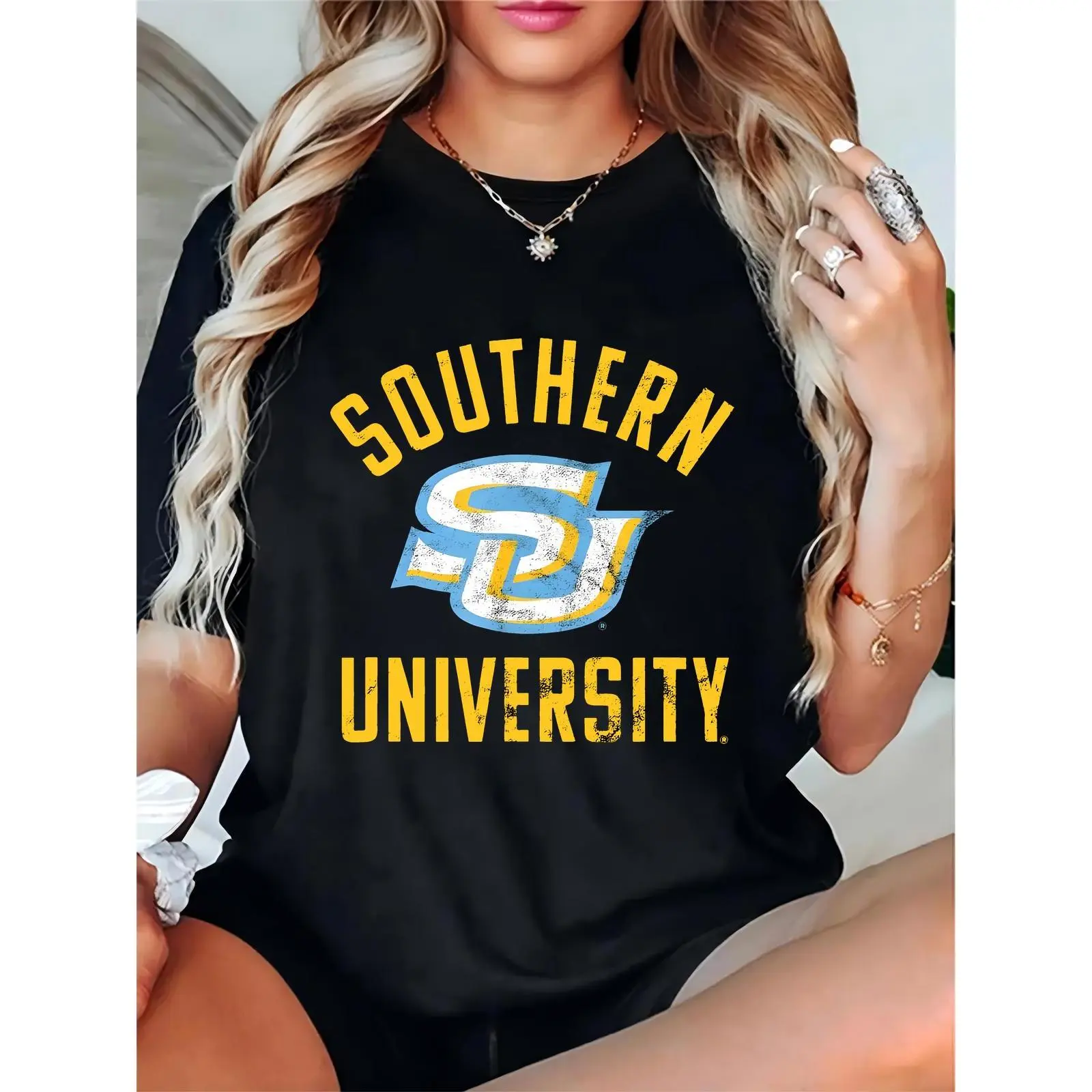 Women's Black T - Shirt with Vintage Distressed Southern University SU Logo - Ideal for Game Day, Campus Events, Back - to - School & Daily Casual Wear