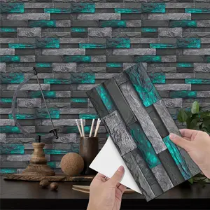 6/12/24/48PCS/Box FG-L European Retro Teal Grey Contrast 3D Stacked Stone Peel and Stick Tile, PVC Crystal Film Waterproof Oil-Proof Removable Wall Sticker for Kitchen Bathroom Floor