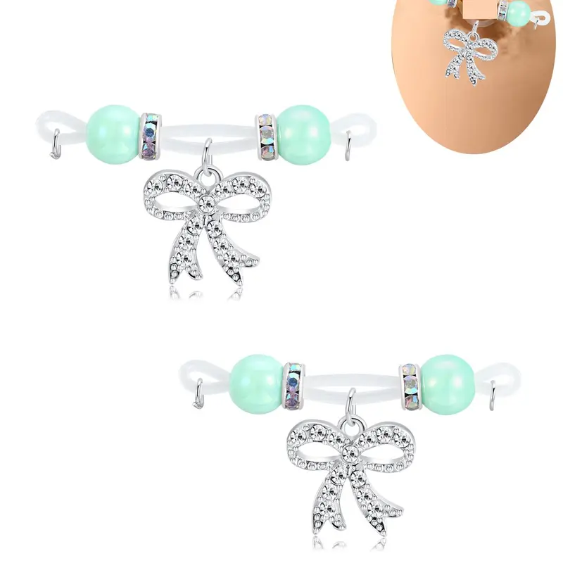 Adjustable Non-Pierced Fake Piercing Nipple Ring Body Jewelry Set, Body Accessory, Plastic Chain, CZ Heart and Bow Pendant Design, Teardrop Zirconia Accents, Water Drop Zircon, Sparkling Zircon for Women's Everyday Wear