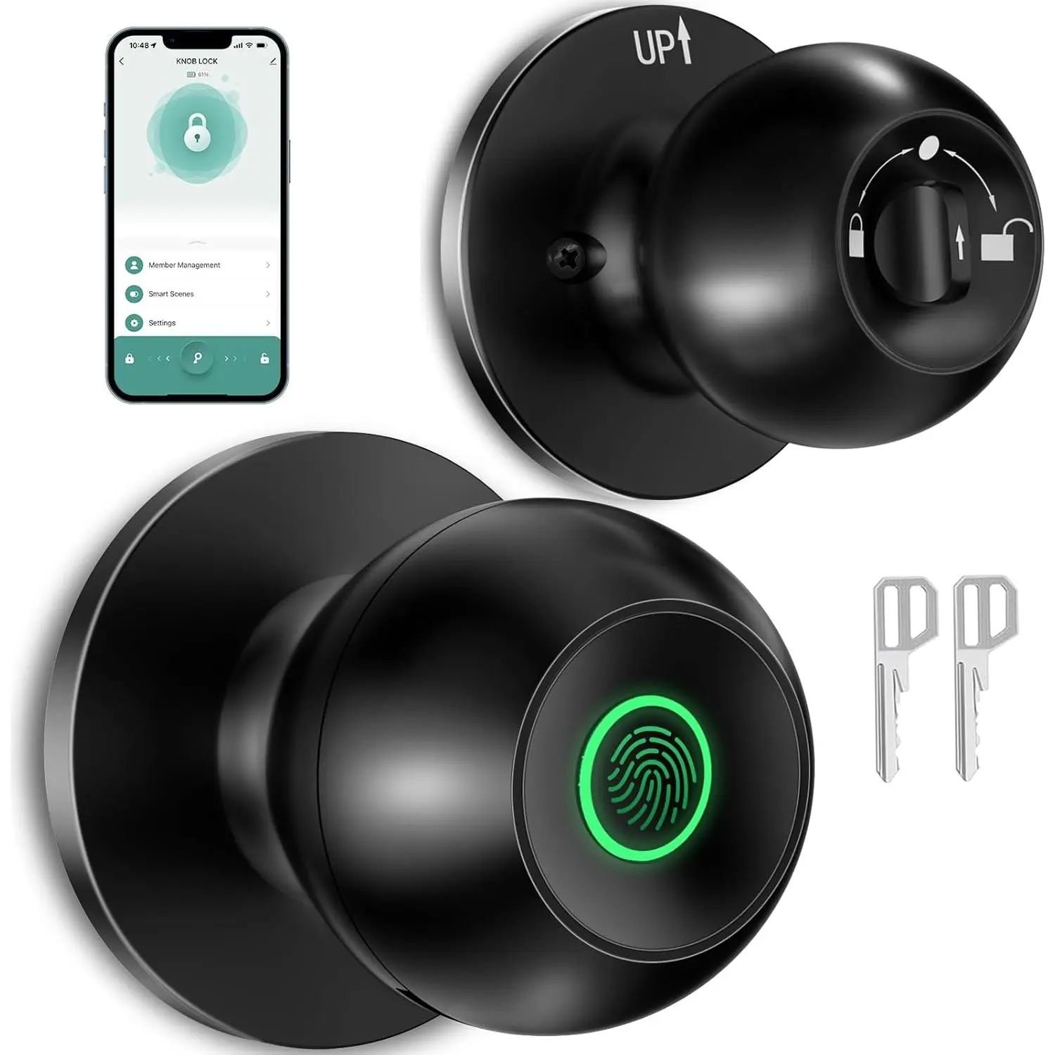 HEI LIANG Fingerprint Door Lock,Door Knob, Biometric Door Lock Fingerprint Door knob with App Control Suitable for Bedroom,Utility Room,Apartments Offices,Hotels(Black) -.com
