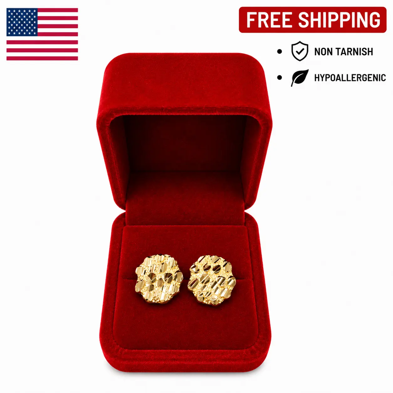 18K GOLD PLATED NUGGET EARRINGS TARNISH RESISTANT HYPOALLERGENIC EARRINGS FOR MEN AND WOMEN