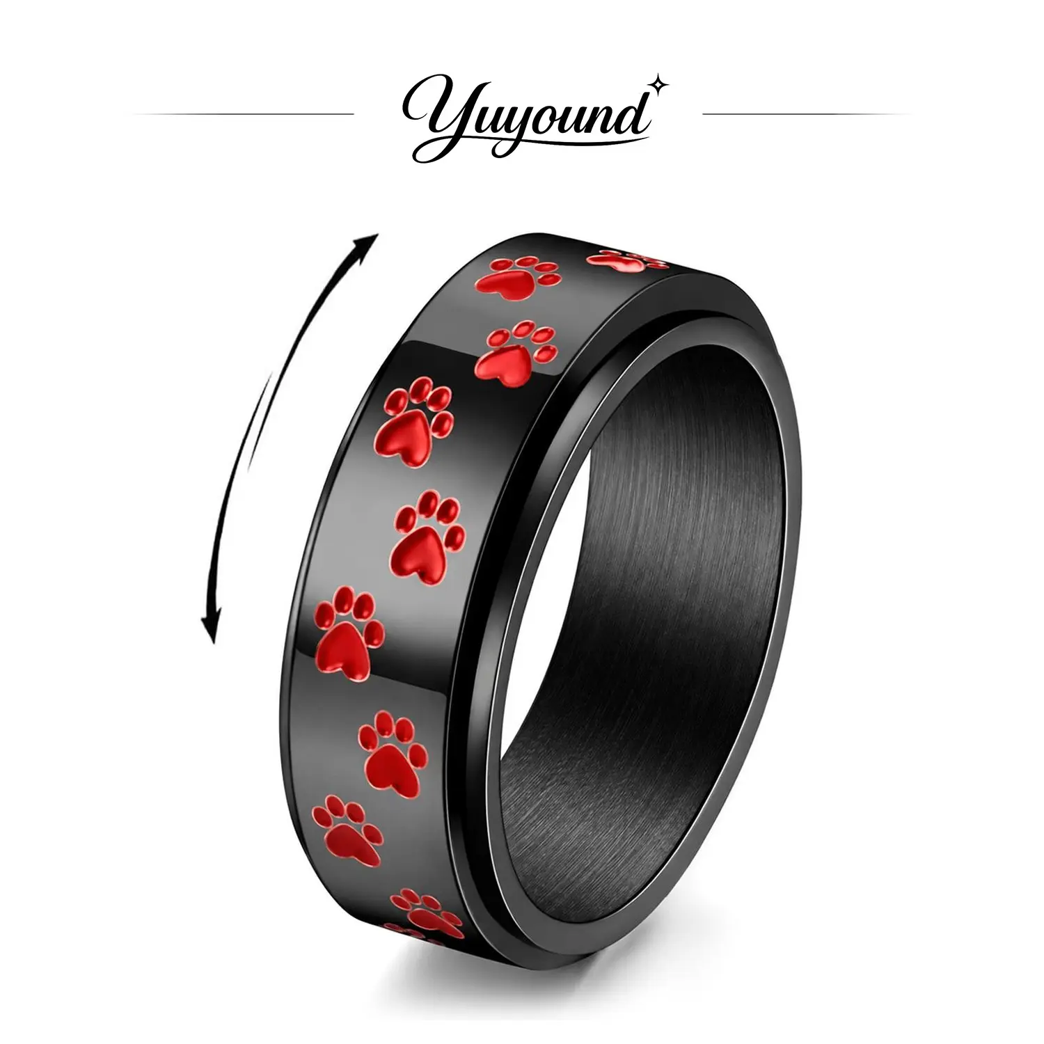 Personalized Paw Print Spinner Ring, Unisex Rotating Pet Lover Ring, Dog Cat Paw Pattern Band Ring, Memorial Jewelry Gift for Men Women