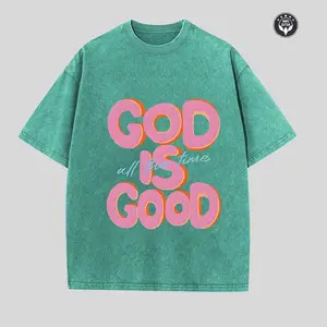"God Is Good All The Time" Inspirational Christian T-Shirt, Vintage Washed Teal Faith-Based Graphic Tee, Retro Bubble Letter Print Short Sleeve Crew Neck Casual T-Shirt