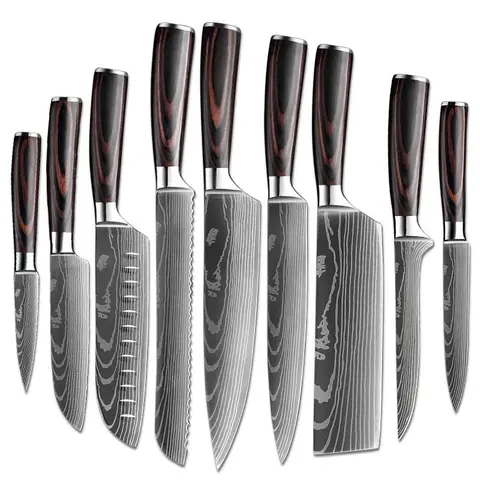 Modern Design Thick Durable 7-Inch Large Japanese Style Damascus Stainless Steel Kitchen Knife Set, Rustproof Scratch Resistant, Plastic Resin Handle - Silicone Utensils Compatible for Chef Cutting Tasks