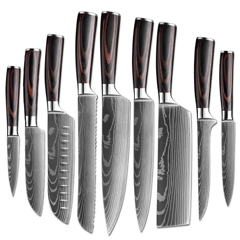 Modern Design Thick Durable 7-Inch Large Japanese Style Damascus Stainless Steel Kitchen Knife Set, Rustproof Scratch Resistant, Plastic Resin Handle - Silicone Utensils Compatible for Chef Cutting Tasks