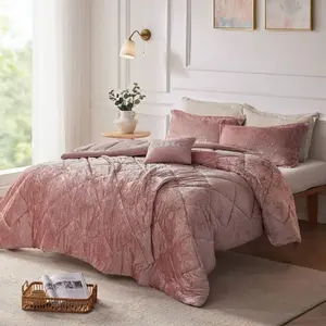 Olliix Crushed Velvet 4-Piece Comforter or Duvet Cover Set Blush Soft Touch Luxurious Bedding