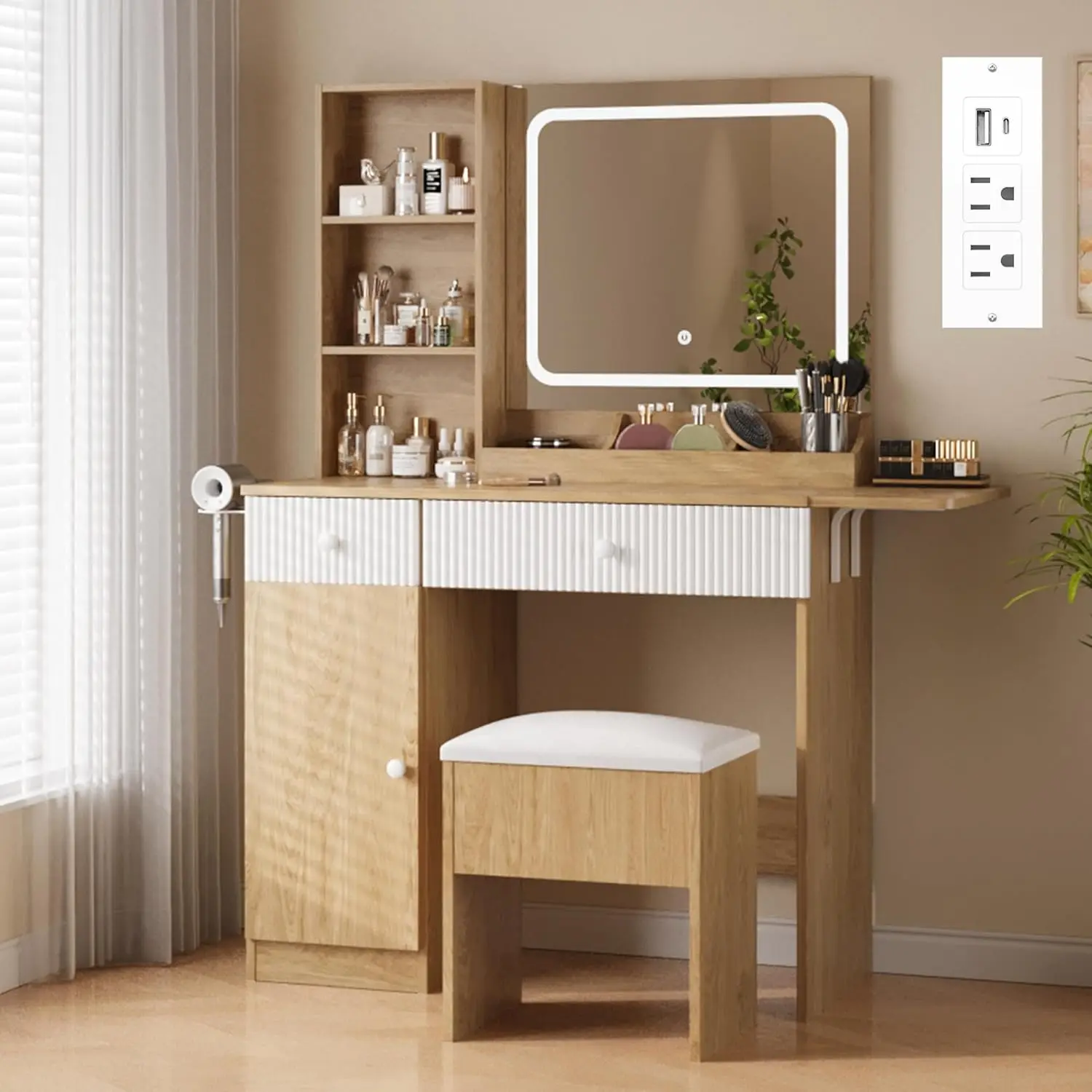 Gaomon Foldable Vanity Desk with Lighted Mirror, Adjustable Lighting, Multi-Port Power Strip, Drawers and Cushioned Stool - Natural Dressing Table for Bedroom