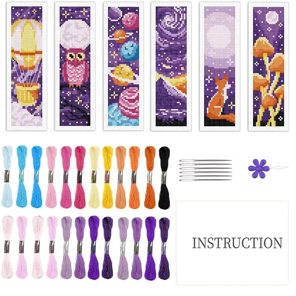 6-Piece Dreamy Starry Sky Cross Stitch Bookmark DIY Art Set, Beginner-Friendly Fabric Bookmark Kit, Perfect for Sewing Beginners & Craft Lovers, Embroidery Thread