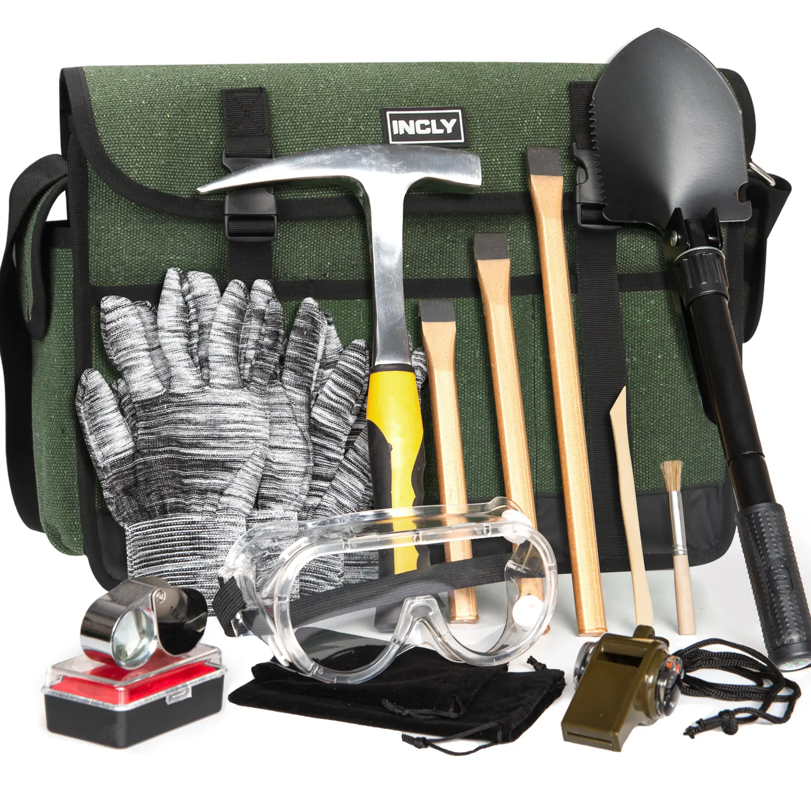 INCLY 15 Pack Geology Rock Pick Hammer Kit, 32oz Hammer & 3 Pack Digging Chisels Set for Rock Hounding, Gold Mining & Prospecting Equipment Tool Gear Shovel Musette Bag, Compass, Whistle, Wooden Chisel