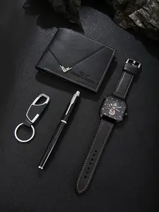 Men's Watch Set 4pcs, Square Dial Interchangeable Strap, Smooth Pen, Elegant Keychain, Stylish Wallet, Business Casual, All Seasons