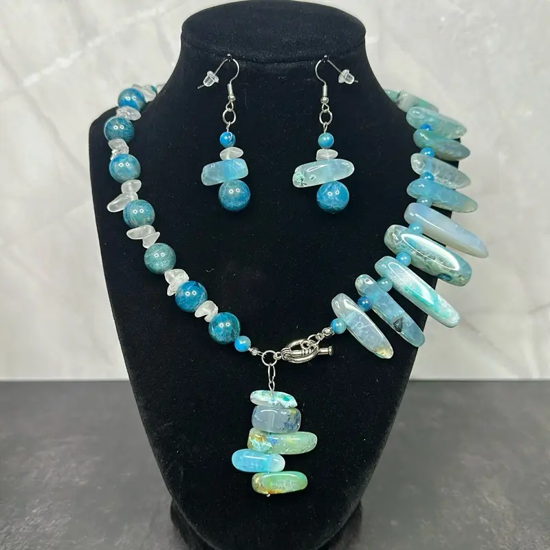 Handmade Blue Agate Stone Necklace and Earrings Set