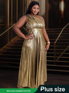 【plus size】 glitter ruched backless evening dress, elegant one shoulder sleeveless evening party gown, women's plus clothes for summer, womenswear