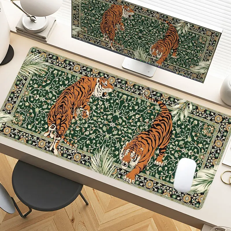 Oriental Tiger Floral Desk Pad Gaming Mousepad XXL Mouse Pad For Laptop Desk Mouse Pad Extra Large With Non-Slip Rubber Base Stitched Edges Surface For PC Gamers Office Workers & Home Use Office Supplies Holiday Gift Idea Desk Decor Desk Mat