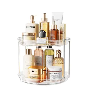 Rotating Makeup Organizer for Vanity, 9.5in 2 Tier Lazy Susan Turntable Stackable Spinning Skincare Organizer Cosmetic Perfume Tray Display for Bathroom Counterop, Large Capacity, Clear