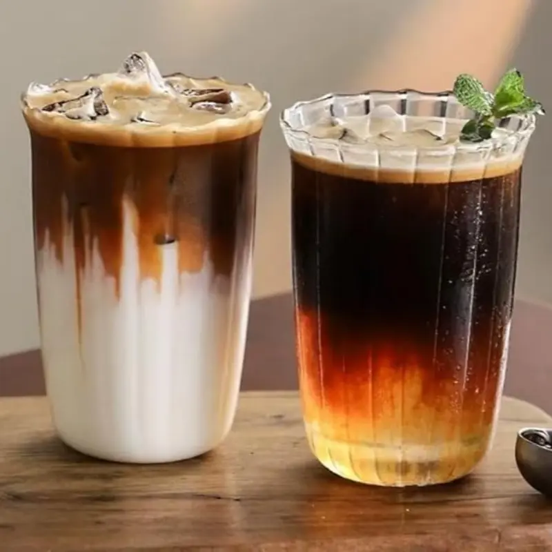 Drinking Glasses Coffee Cup, 13oz Glassware Set, Cocktail, Iced Coffee Glasses, Beer Glasses, For Cappuccino, Caramel, Soda, Tea, Milkshake, Juice, Gift, Drinkware, Aesthetic（Retro Vertical-Grained glass）