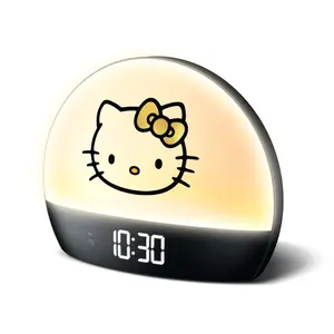 Hello Kitty Sunrise Alarm Clock, Black & Gold USB Powered Digital Bedside Clock with Color Changing Light, LED Display, Room Decor